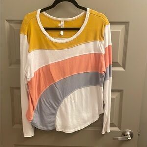 Free People Yellow and White Asymmetrical Long Sleeve Tee